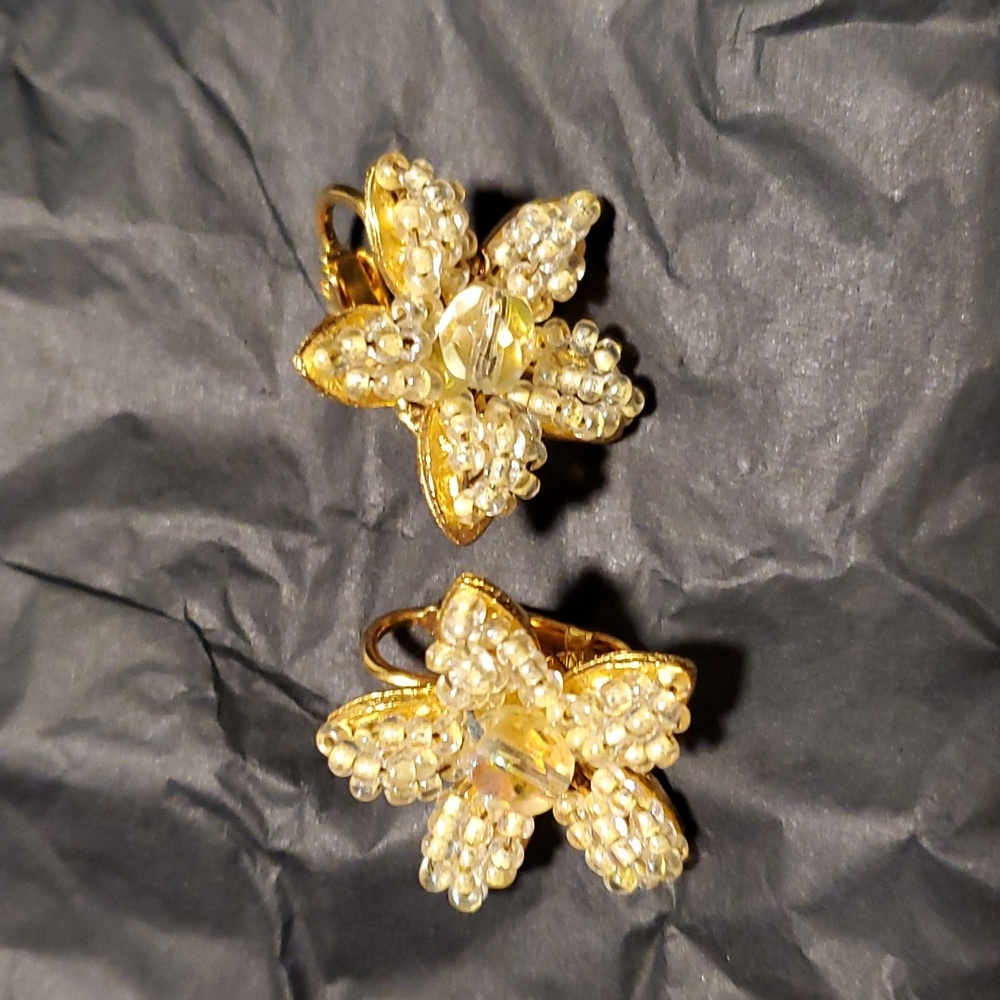 Beautiful beaded flower clip on earrings